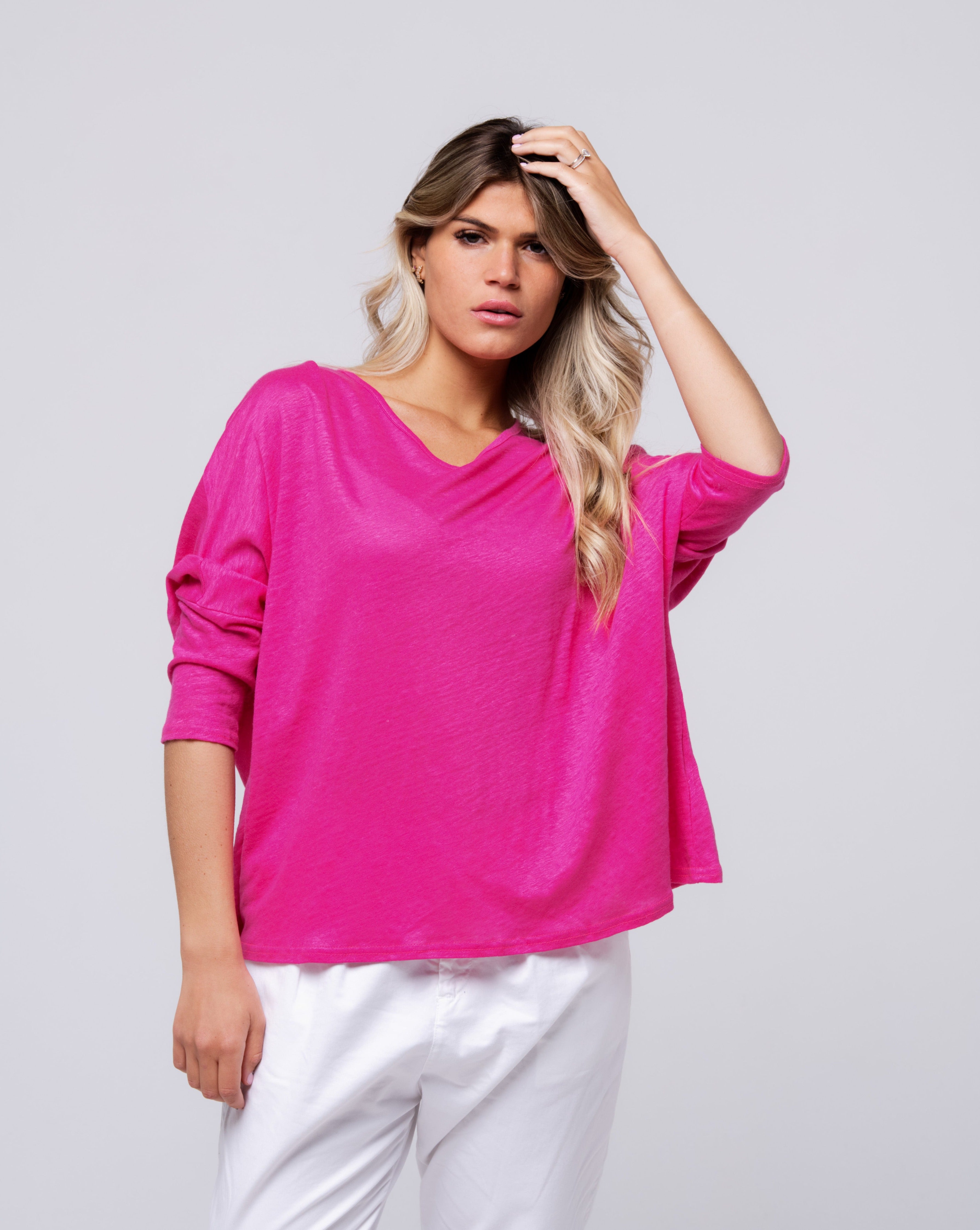 Haut 100% lin fushia uni