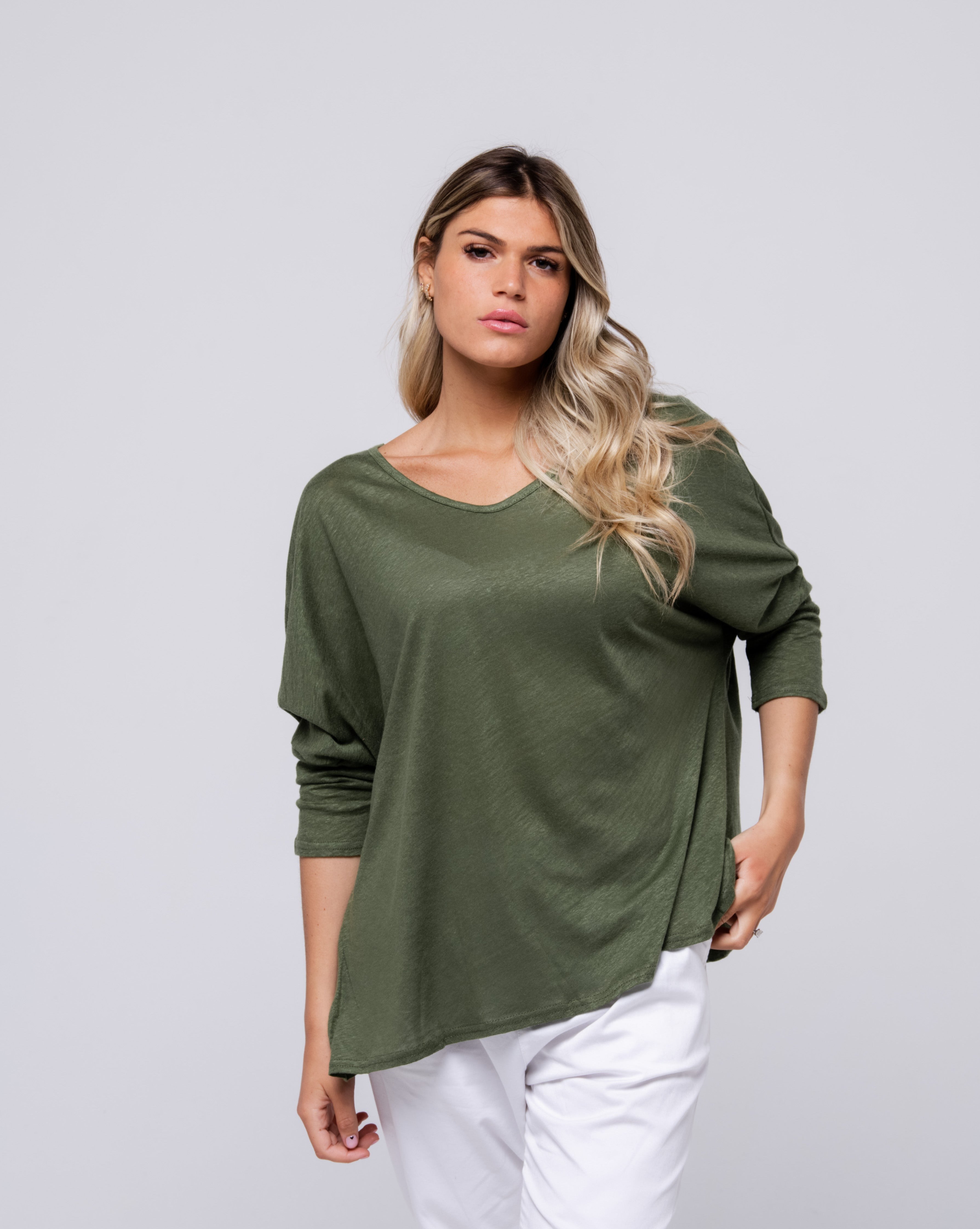 Haut 100% lin kaki uni